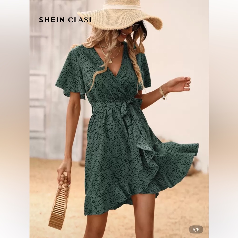 SHEIN Elegant Green and Black Dalmatian Wrap Dress, Size XL (US 12) - Picture 3 of 7
